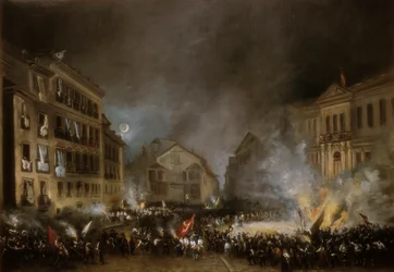 Az 1854-es forradalom epizódja a madridi Puerta del Solban. Eugenio LUCAS VELAZQUEZ festménye