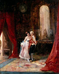 Magabiztosság. Egy elegáns fiatal nő egy inas karján, a kíváncsiság és az aggodalom keverékével a tekintetével közeledik. Eugenio Lucas Villamil (1858-1918) festménye. Olaj, vászon. Magángyűjtemény.