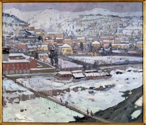 Gének képe a hó alatt, Olaszország (Genoa kilátása a hó alatt, Olaszország) Eugenio Olivari (1882-1917) festménye Dim 73x85 cm Genes, Galleria d