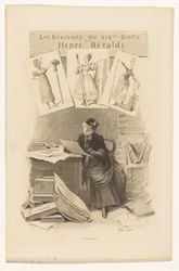 Nő nézi a képeket az íróasztal mögött Címlap ehhez: Henri Béraldi, Les engravers du XIXe siècle, 1899