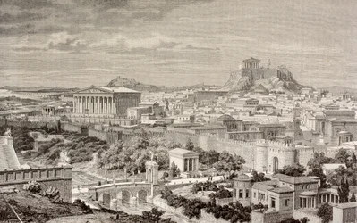 A művész benyomása Athénról, Hadrianus császár idejében, az „El Mundo Ilustrado”-ból, Barcelona, 1880