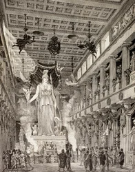 A művész benyomása Athéné istennő szobráról az athéni Parthenonban, a klasszikus időszakban, az „El Mundo Ilustrado”-ból, Barcelona, 1880 (litho)