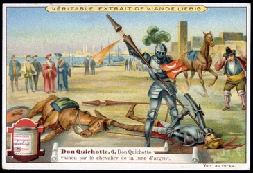 Liebig-kromolitográfia: Don Quijote legyőzte az ezüsthold lovagját.