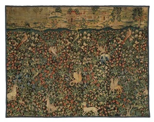 Mille fleurs gobelintöredék állatokat, madarakat és tájat ábrázol, 1500 körül (gyapjú)