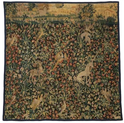 Mille fleurs gobelintöredék állatokat, madarakat és tájat ábrázol, 1500 körül (gyapjú)