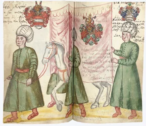 Lapok Julius Pflug Amicorum albumából, beleértve a török viseletet és címereket, 1600-13