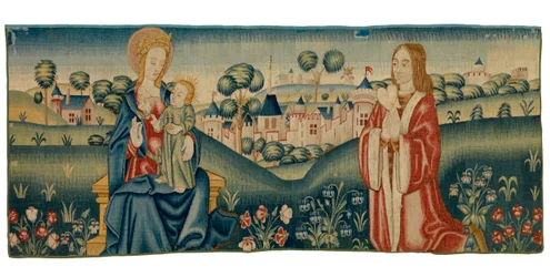 Mille fleurs kárpittöredéke, amely Szent Benedeket ábrázolja, amint Szűz Máriának ajándékozza szívét
