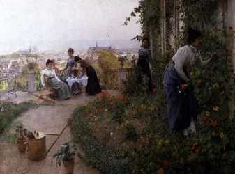 Egy nyári délután, Liege, Belgium. Egy nyári délután Liege-ben. Néhány nő egy teraszon teázik. Egyikük virágot szed. Evariste Carpentier (1845-1922 belga) festménye Magántulajdon.