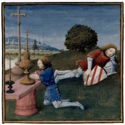 Arthurian legend: Lancelot is sleeping while the Holy Grail appears to another knight, illumination by Evrard d