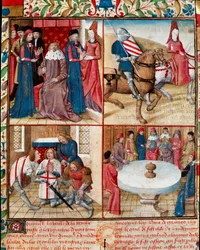 Arthur király udvartartást tart, Lancelot egy hölgy vezette az apátságba, ellágyulva Galahadtól (Galad vagy Galaad) az apátságig és a Szent Grál körüli Kerekasztal lovagjaiig. Gassien de P