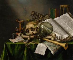 Vanitas - csendélet könyvekkel és koponyákkal