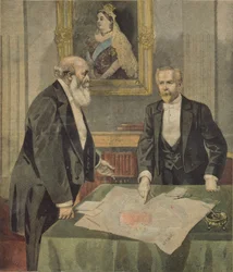 Paul Cambon (1843-1924) francia nagykövet és Lord Salisbury (1830-1904) brit miniszterelnök által Londonban aláírt angol-francia egyezmény a Le Petit Journalból, 1899. április 9. (színes en
