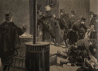 Etievant, az anarchista lövöldözik a rácsból, illusztráció a „Le Petit Journal: Supplement illustre” című folyóiratból, 1898. január 30.