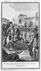 Hernando Cortes (1485-1547) áttekinti csapatait, vésette Antonio Rodriquez