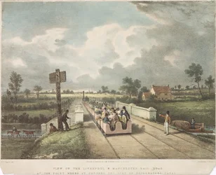 Kilátás a Liverpool és Manchester Rail Roadra a Duke of Bridgewaters-csatornát keresztező ponton, A.B. metszet Clayton, 1831