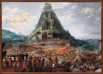 Bábel-torony. II. Joos de Momper (1564-1635) festménye, II. Frans Francken (1581-1642) figurái, olaj, fa. Flamand művészet 17. század. Belga Királyi Szépművészeti Múzeum, Brüsszel.