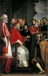 Michelangelo bemutatja a Giulia utcai Rota udvar épületmodelljét III. Julius pápának