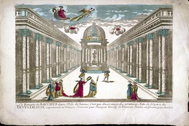 Bacchus temploma Illusztráció Francesco Sacrati "La venere gelosa" (Vénusz féltékeny) című operájának I. felvonásához. A dekorációt Jacopo Torelli készítette