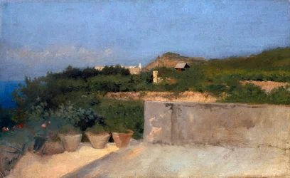 Terasz Resinában, Federico Rossano (1835-1912), olaj, vászon, 33x53 cm
