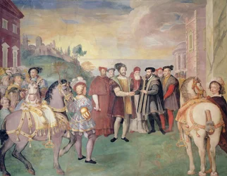 Az 1538-as nizzai fegyverszünet I. Ferenc és V. Károly császár között, középen III. Pál Farnese pápa, akit 1534-ben választottak meg
