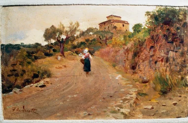 Farmer az utcán, kb 1900, készítette: Federico Andreotti (1847-1930), olaj, tábla, 9x15 cm, Olaszország