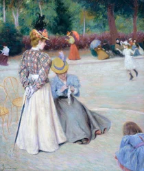 Játékok a parkban, Federico Zandomeneghi (1841-1917), olaj, vászon, 55,5x45,5 cm