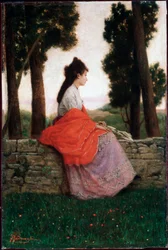 Fiatal hölgy vár valamire, egy kis falon ülve - Federico Zandomeneghi festménye (1841-1917) Magángyűjtemény