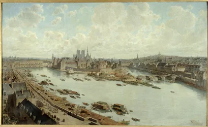 Párizs panorámaképe 1588-ban, a Louvre tetejéről, a Pont-Neuf épülő épületeivel.