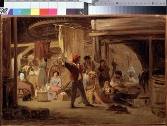 A cirkuszi színfalak mögött. Feodor Andejevics Bronnyikov (1827-1902) festménye. Olajfestmény