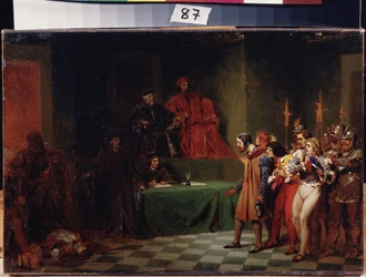 A mozaikművészek a háromtagú velencei tanács előtt (Olaszország) (Mozaikművészek a háromtagú tanács előtt Velencében). Feodor Andrejevics Bronnyikov (1827-1902) festménye. Olaj, vászon, 1886 előtt, 25,5 x 37,5 cm, orosz művészet. Állami A. Radishchev Művés
