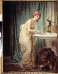Orientalizmus "A reggeli vécé"" fiatal nő csak lepedőbe öltözve frissíti magát a szökőkútnál. Feodor Andrejevics Bronnikov (1827-1902) festménye, a Dagesztáni Köztársaság Állami Művészeti Múzeuma, Mahacskala, Oroszország