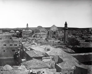 Kilátás a Szent Sír-templomra és Ezékiás medencéjére, Jeruzsálem, 1857