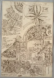 Mennyezeti dekoratív tanulmányok groteszktel; Studies of Monument with Pápai Seale, Sisto V