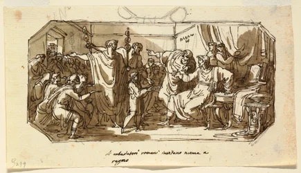 Rajz, mennyezeti kialakítás: Numa Pompilius római nagykövetet kérik fel Róma uralmára, Sala di Numa Pompilio, Palazzo Milzetti, Faenza, 1802-05.