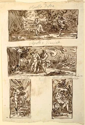 Apollón mítoszának négy rajza; Fal díszítése egy kandalló fölött, Sala di Apollo, Palazzo Cavina, Faenza