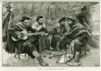 Payador, párbaj sétáló énekesek versében. Myrbach metszet, a Voyage a la Plata című történet illusztrálására 1886-ban, Emile Daireaux, in le tour du monde 1888, rendező: Edouard Charton (1807-1890), Hachette, Párizs.