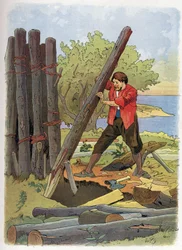 Robinson Crusoe felépítette első otthonát.