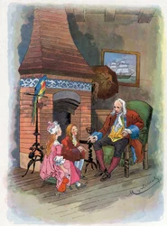 Robinson Crusoe elmeséli gyermekeinek kalandjait. Illusztráció: Felician MYRBACH MYRBACH RHEINFELD (1853-1940) Daniel Defoe (De foe) Robinson Crusoe könyvéhez. Nincs dátum. 1934 körül
