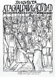 Diego de Almagro, Francisco Pizarro és Vicente de Valverde barát térdel az Atahualpa Inca előtt Cajamarcában