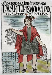 Quipu (Quipo Quipou) Inka könyvelési rendszer kötélben és csomókban, inka kultúra i.sz. 1400-1532, Felipe Guaman Puma de Ayala (Új Krónika és Jó Kormány), a 16. század indiai rovatvezetője kézirata.