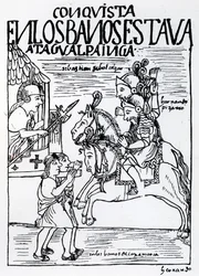 Sebastian de Benalcazar és Hernando Pizarro szembesül Atahualpa Inkával a cajamarcai királyi fürdőben (fametszet)
