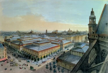 A párizsi Les Halles látképe a Saint-Eustache felső galériájáról, 1870-80 körül