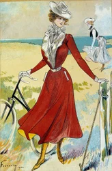 Fashion Belle Epoque: "" A sportos"" Fiatal kerékpáros nő ruhája. Illusztráció: Felix Fournery (1865-1938) 20. századi Párizs, Dekoratív művészetek