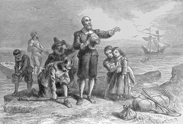 A zarándokok partraszállása, 1620, A. Bollett metszete a „Harper