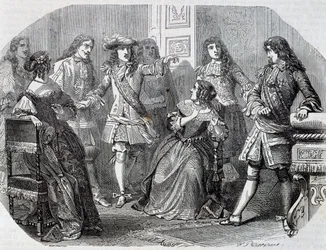 Nicolas Fouquet pénzügyfelügyelő letartóztatása, Henri Felix Emmanuel Philippoteaux (1815-1884) metszete Bragelonne vicomte-tól, Alexandre Dumas (1802-1870)