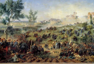 Kilátás a Montebello di Casteggio-i csatára, 1859.05.20. Franciaország legyőzi az osztrák hadsereget. Henry Felix-Emmanuel Philippoteaux (1815-1884) festménye 1862. Dim. 1x1,5 m. Párizs, Hadsereg Múzeum – Kilátás az 1859. május 20-i Montebello di Casteggio