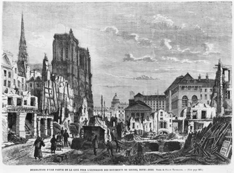 Párizs, a Cite egy részének lebontása az új Hotel-Dieu épületeinek bővítése érdekében, vésette Charles Barbant (megh. 1922)