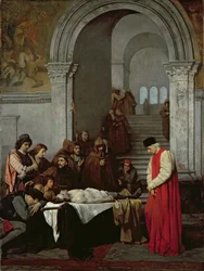 Luca Signorelli festőművész riválisa halott fiának holtteste mellett áll, 1859