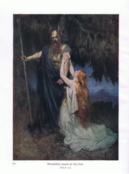 Brunhilde a lábai előtt térdelt, illusztráció a Wagners Operas kocsmából. George Harrap & Co Ltd 1932