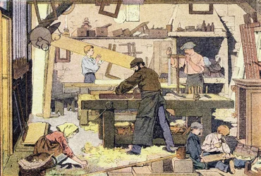 Az asztalos, a gyermekkori képeskönyvben, 1900 körül (metszet)